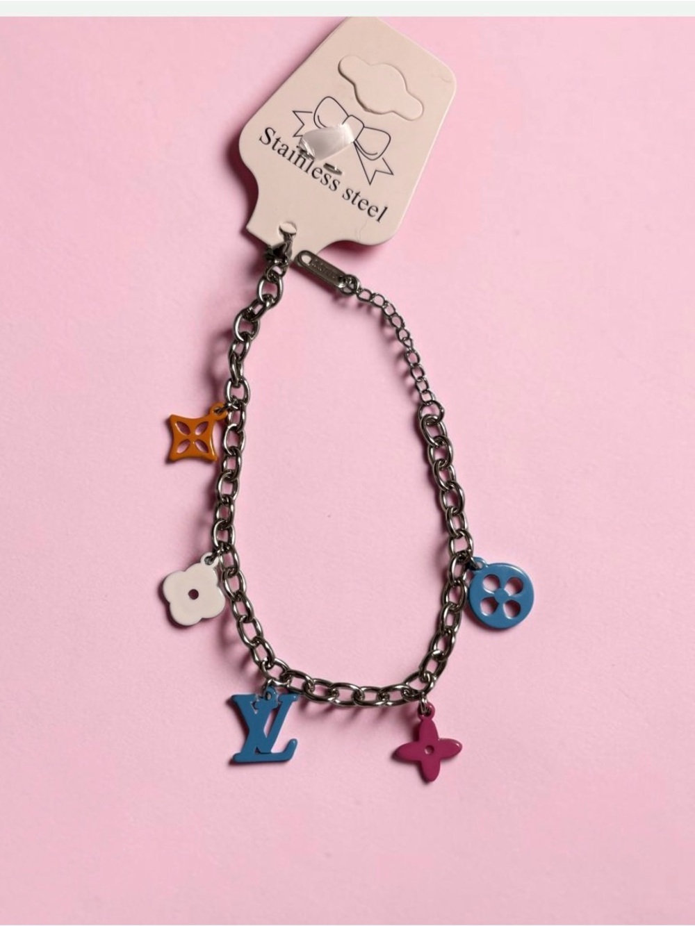 New Silver-Tone Charm Bracelet Pink, Blue, White & Orange Charms